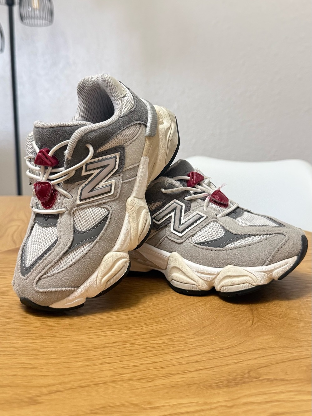 New Balance 9060 Kids Gray and Cream Sneakers with Maroon Lace Accents